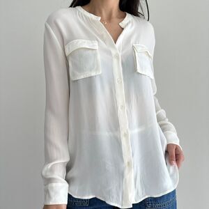 Uterque Mulberry Silk Blouse Womens XL Button Up Shirt Top Pockets Ivory Neutral